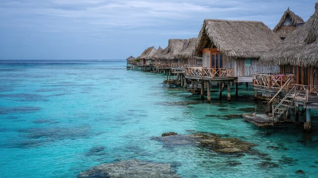 Tropical bungalows with thatched roofs line turquoise waters