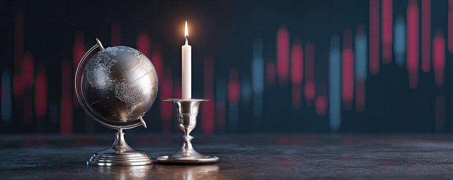 A silver globe and lit candle stand before a blurry stock market graph