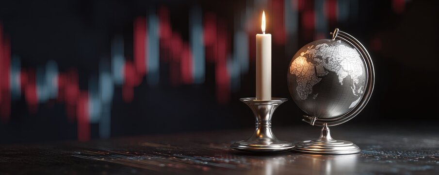 Lit candle and globe on dark table with blurred stock market graph