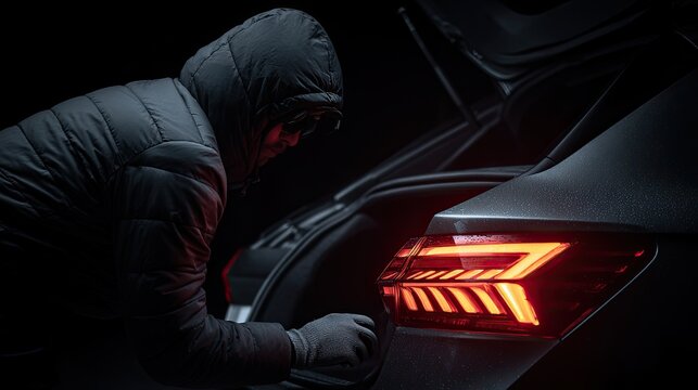 Hooded figure silhouetted, loading cargo into dark vehicle trunk