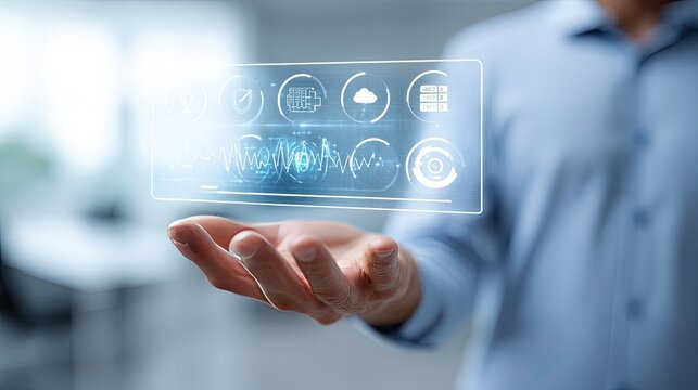 Hand holding holographic display with icons of data, cloud, and security