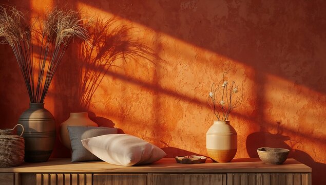 Generative AI showcases a cozy interior with warm earthy tones and decorative vases