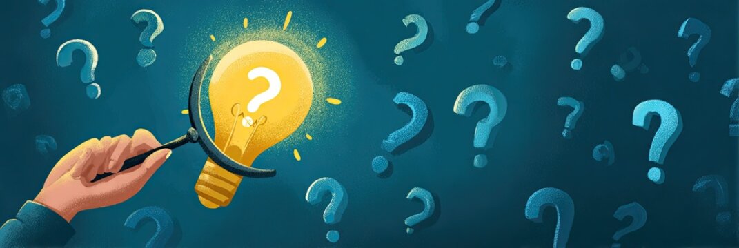 Hand holding magnifying glass over a glowing lightbulb with question mark inside, surrounded by blue question marks