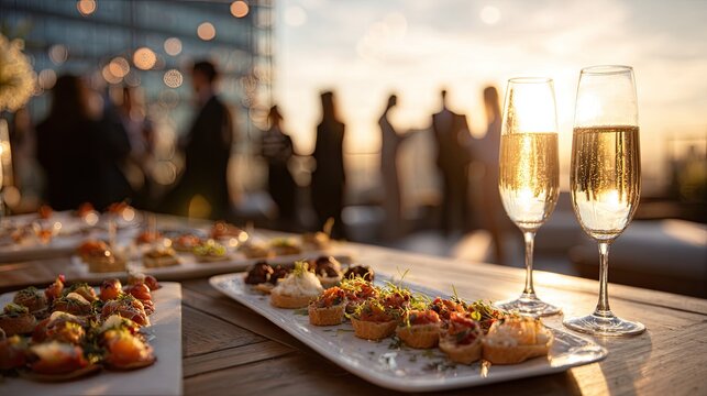Rooftop reception with sparkling wine and appetizers as sun sets
