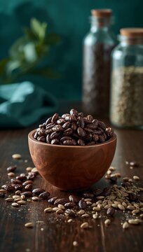 Generative AI showcases a rustic scene with a bowl of roasted coffee beans on a wooden surface