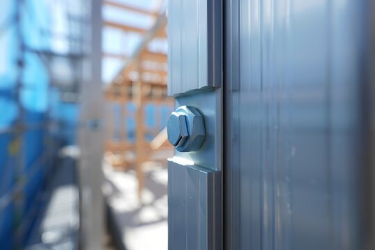 Close-up of modern galvanized cold-formed steel framing at residential construction site, showing structural framework, durability, precision engineering, and industrial building materials.