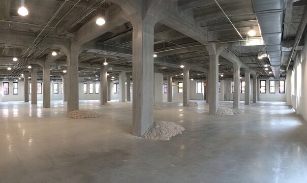 Vast industrial space with concrete pillars, sparse installations, and natural light