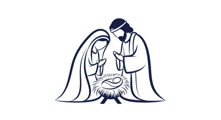 Obraz premium Simple Nativity Scene Illustration: Mary, Joseph, and Baby Jesus in Manger