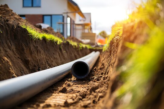 Installation of underground PVC sewage pipeline during residential house construction, featuring trench excavation, sanitation infrastructure, drainage engineering, industrial plumbing system, and cop