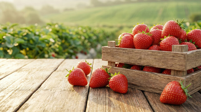 Strawberries are piled in a wooden crate on a table. Some strawberries lie scattered on the table. In the background, green berry plants cover the landscape during sunset