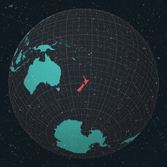 Naklejka premium New Zealand on Globe. Vintage look with grunge scratched texture. Country view on world map in Dark Charcoal Turquoise color palette. New Zealand shape on map. Globe with meridians and parallels.