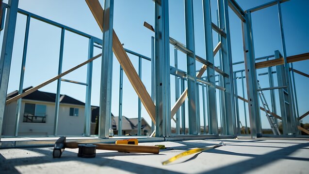 Close-up of modern galvanized cold-formed steel framing at residential construction site, showing structural framework, durability, precision engineering, and industrial building materials.