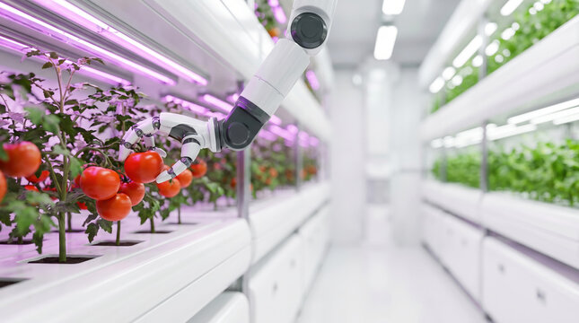 Robots work on tomato plants in an indoor garden. The space has rows of plants under bright lights. Work is ongoing to tend to the crops. The atmosphere is focused on efficient growth