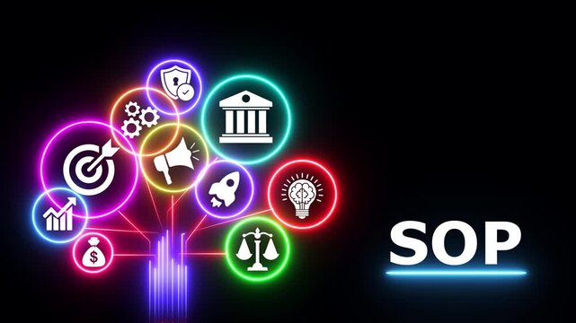 Sop acronym neon glow tree icons for standard operating procedure on black.