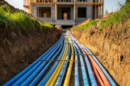 Installation of underground PVC sewage pipeline during residential house construction, featuring trench excavation, sanitation infrastructure, drainage engineering, industrial plumbing system, and cop