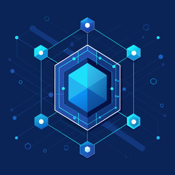 Blue hexagonal blockchain cube network with connected data points and cyber security concept blockchain technology connection cybersecurity encryption decentralized abstract geometric