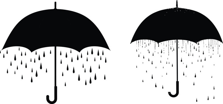Raindrop Silhouettes Falling from Umbrella Outline Vector Illustration