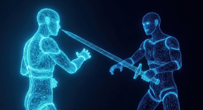 Two glowing digital human silhouettes fighting with a sword illustration