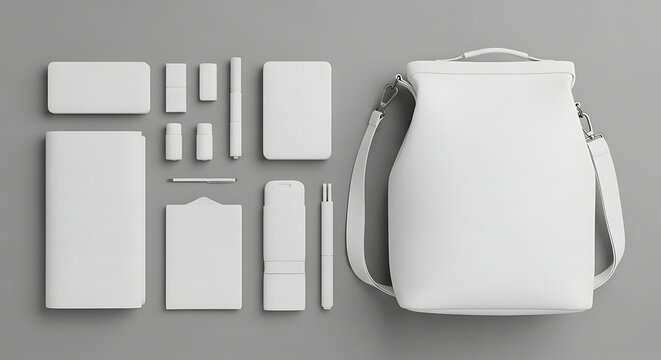 Blank stationery branding mockup set with backpack notebook and office supplies on grey background for corporate identity