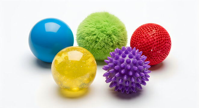 Five different sensory therapy balls for stress relief on white background studio shot set.