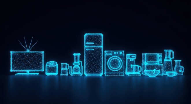 Neon glowing line art icons of various household kitchen appliances illustration