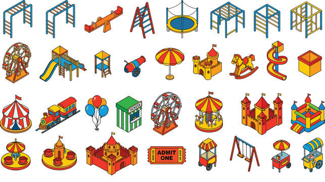 Isometric Amusement Park and Playground Equipment Icon Set Featuring Ferris Wheel Carousel Slides Bouncy Castle Castles and Carnival Food Cart Vector Graphics