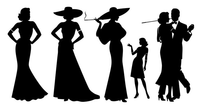 Elegant Silhouettes: Vintage Women in Formal Attire and Dancing Couple