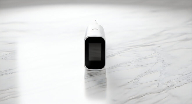 Digital pulse oximeter device on white marble surface with light reflection and clean look.