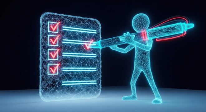 Digital human character holding a large pen checking boxes on a list illustration