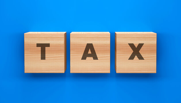 Tax Blocks: Three wooden blocks spelling out TAX are displayed prominently on a vibrant blue background, representing financial obligations and responsibilities.
