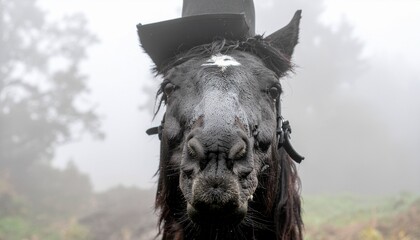 Fototapeta premium Horseman in Dark Creepy Scene Glimpse Through Fog