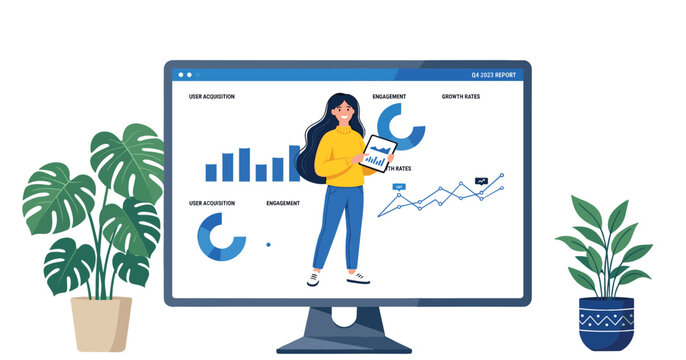 Business analytics dashboard on desktop monitor with financial charts and female presenter vector illustration concept