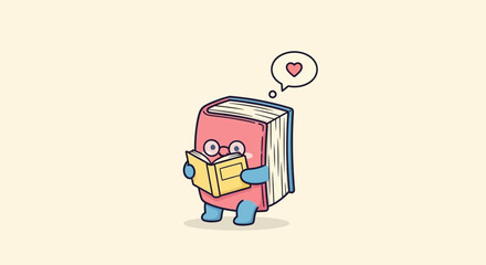 Cute Cartoon Book Character Reading a Small Book with Love Heart © Margo