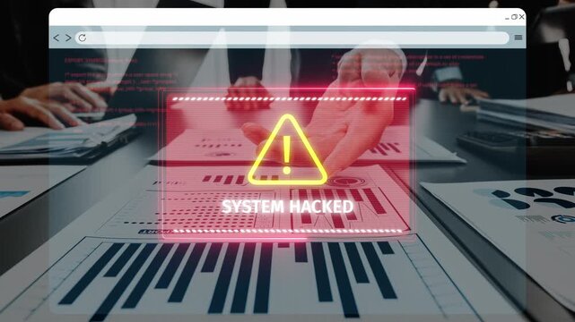 A cybersecurity breach alert warning sign overlays a business analysis report, illustrating modern concerns in digital security within office environments. Raster