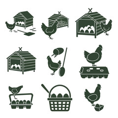Chicken and Egg Icons: Farm, Coop, Nest, Collection, Basket, Carton © Roni
