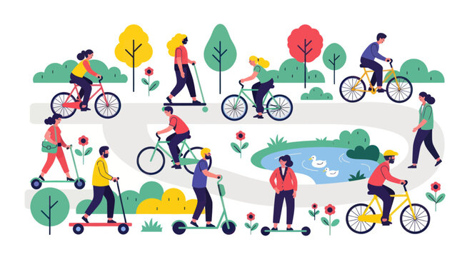 Diverse people enjoying outdoor activities in a park, cycling, scootering, walking