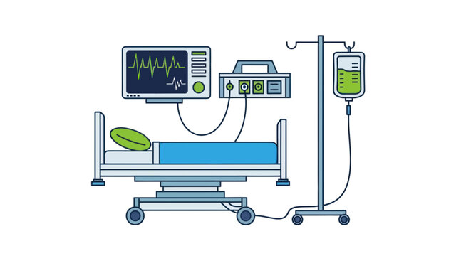 Hospital Bed with Medical Equipment and IV Drip - Illustration