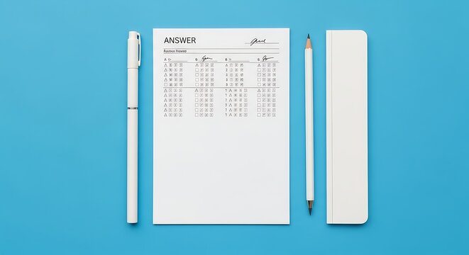 Top down view of an answer sheet with pencil and marker on vibrant blue background for educational testing assessment