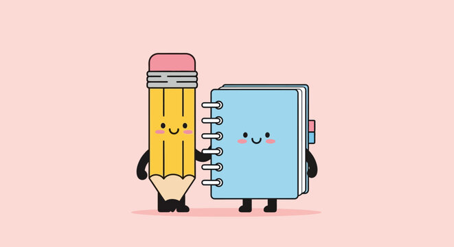 Cute Cartoon Pencil and Notebook Characters Best Friends