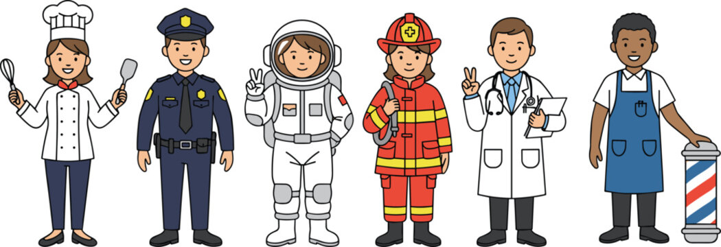Colorful vector illustration of six professions including chef, police officer, astronaut, firefighter, doctor, and barber