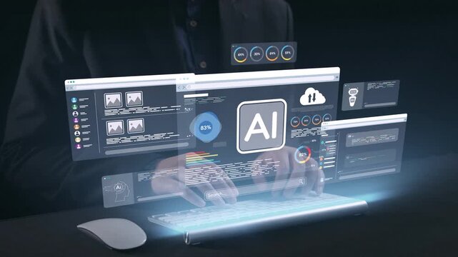 A modern workspace showcasing advanced AI technology through holographic data visualization above a computer keyboard, emphasizing innovation and digital interaction. Qubit