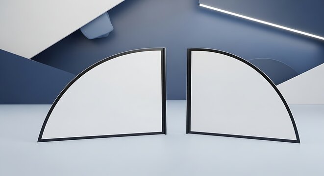 Two blank semi circle window stickers with black borders on blue wall background for branding and promotional signage