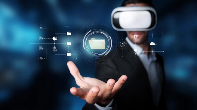 A businessman wearing virtual reality goggles interacts with a digital interface, representing file management and innovation in a modern business environment. Raster