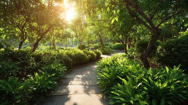 Outdoor light sports health scene, gentle trail surrounded by green plants, fresh health care atmosphere