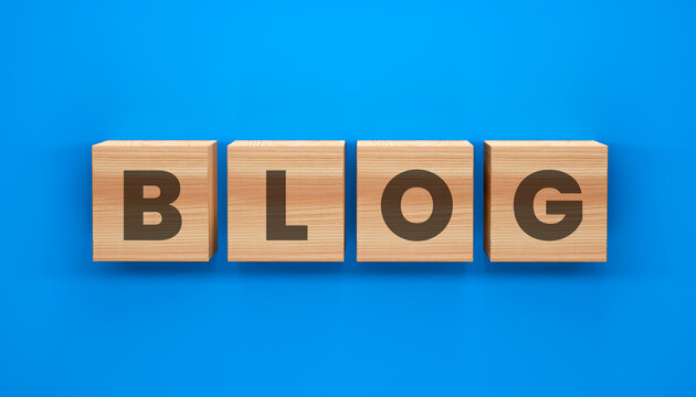 Wooden Blocks Spell BLOG: Four wooden blocks with the letters B, L, O, and G arranged in a row, spelling out the word BLOG against a vibrant blue background.