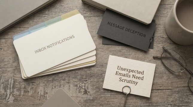 Scam Awareness Office Flatlay: Watch for Deceptive Messages