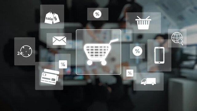 Explore the modern digital shopping landscape with a cart icon surrounded by symbols of e-commerce, showcasing the convenience of online purchasing and marketing strategies. Raster
