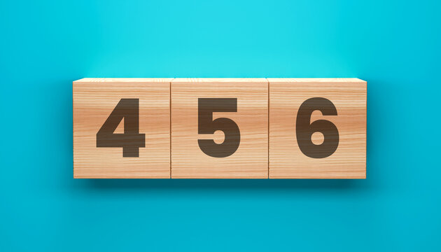 Sequential Numbers on Wooden Blocks: Three wooden blocks display the numbers 4, 5, and 6 in clear, dark font, arranged in sequence on a vibrant cyan background, symbolizing order and progression.