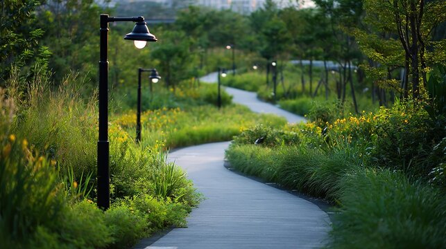 Outdoor light sports health scene, gentle trail surrounded by green plants, fresh health care atmosphere