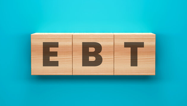 EBT on Wooden Blocks: The letters E, B, T are displayed on three wooden blocks, set against a vibrant teal background, symbolizing digital payment and financial accessibility.